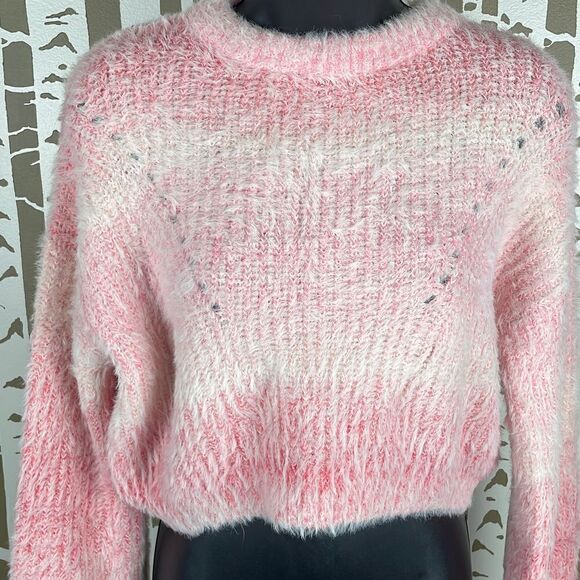 Wild Fable Hot Pink Ombre Cropped Balloon Sleeve Eyelash Knit Sweater sz XS - Picture 5 of 6